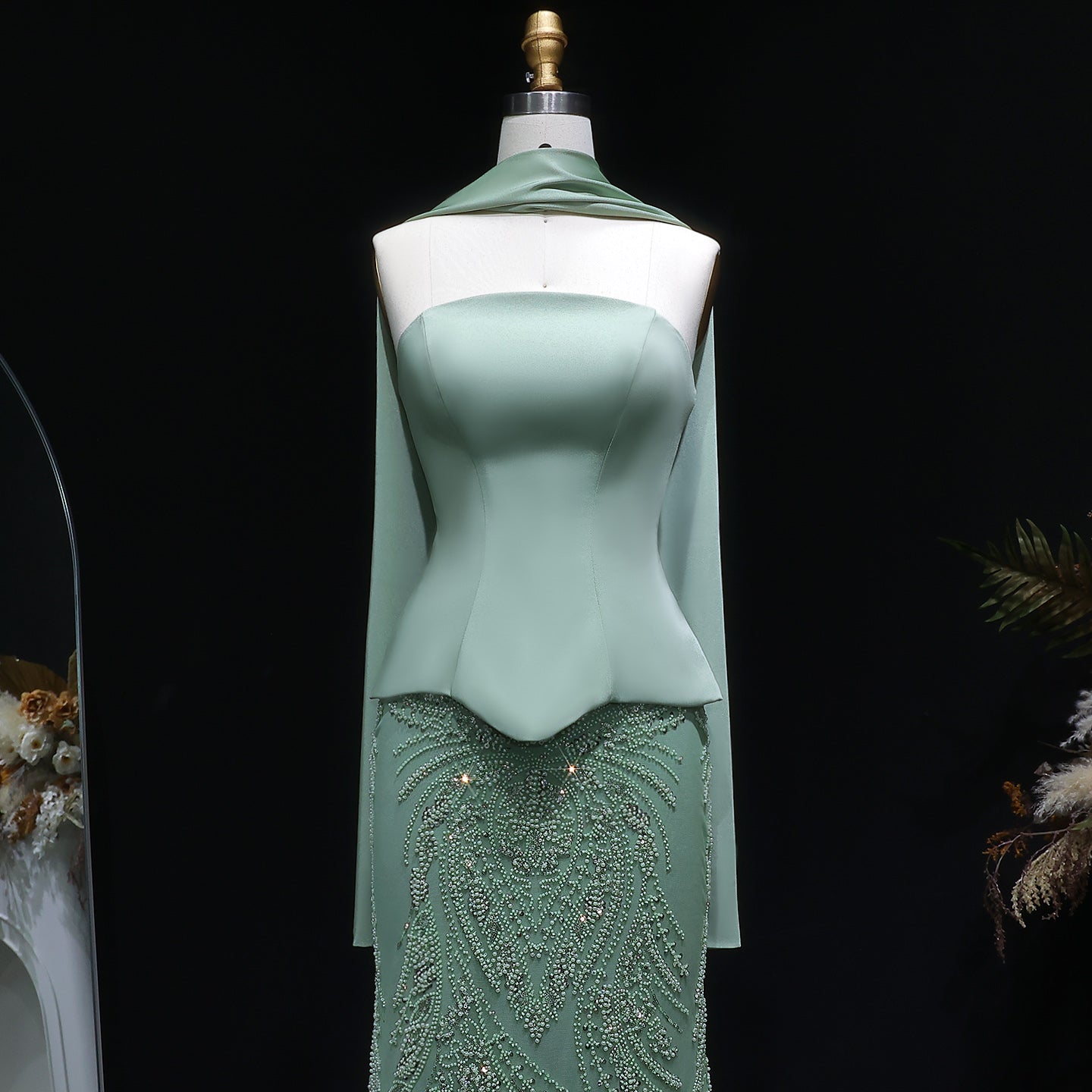 Luxury Sage Green 2 Pieces Beaded Evening Dress with Scarf Cap SS616