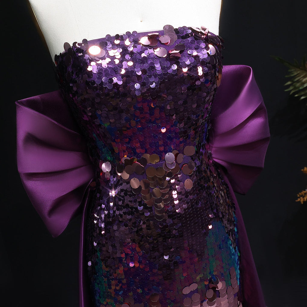 Luxury Purple Sequin Evening Dress with Big Bow and Train SF039