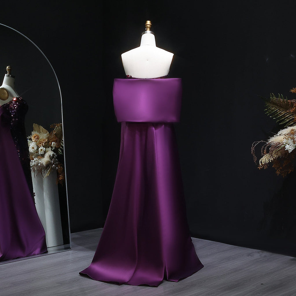 Luxury Purple Sequin Evening Dress with Big Bow and Train SF039