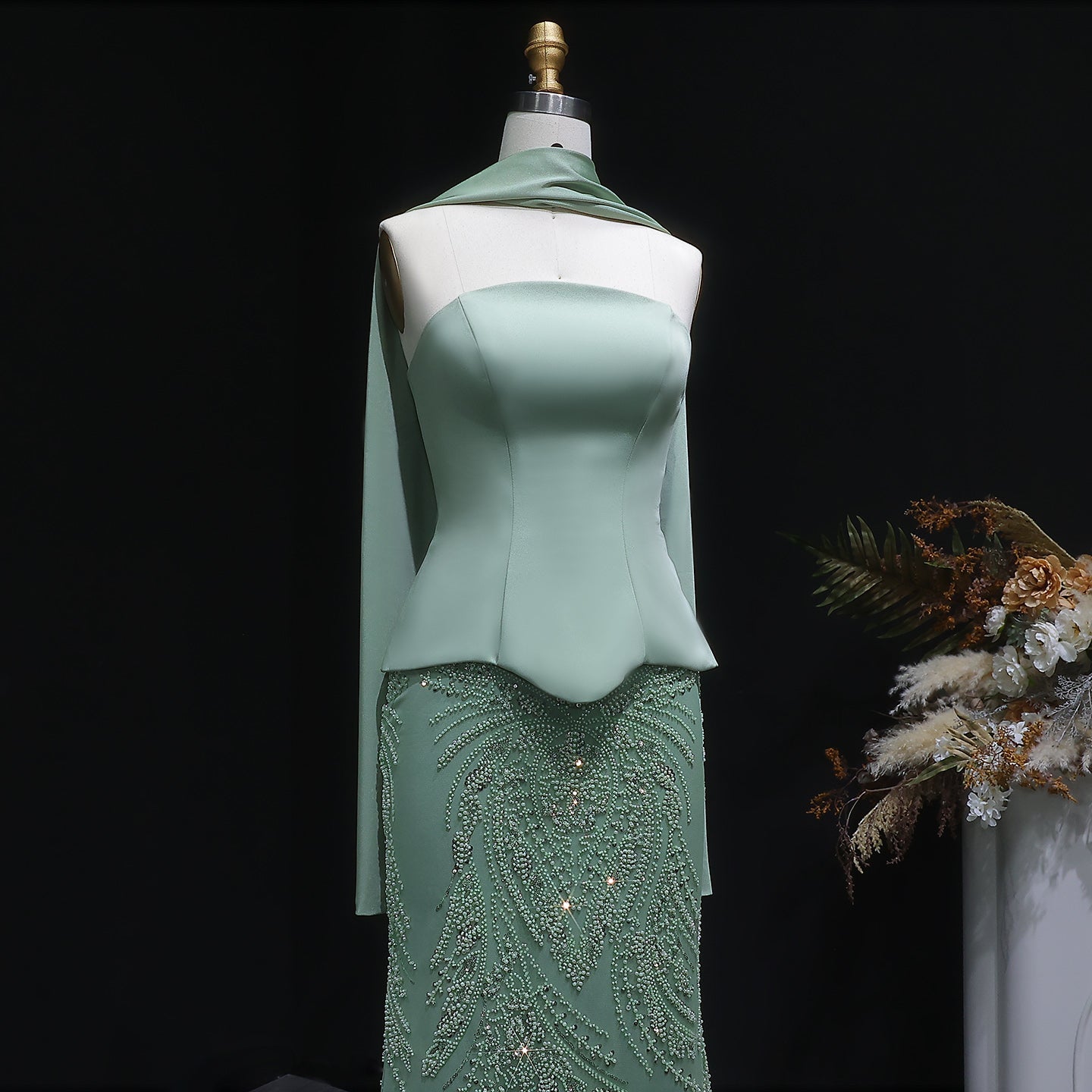 Luxury Sage Green 2 Pieces Beaded Evening Dress with Scarf Cap SS616