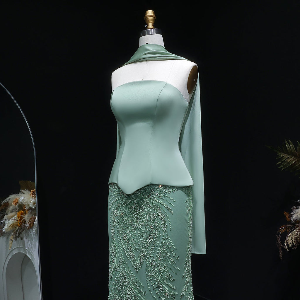 Luxury Sage Green 2 Pieces Beaded Evening Dress with Scarf Cap SS616