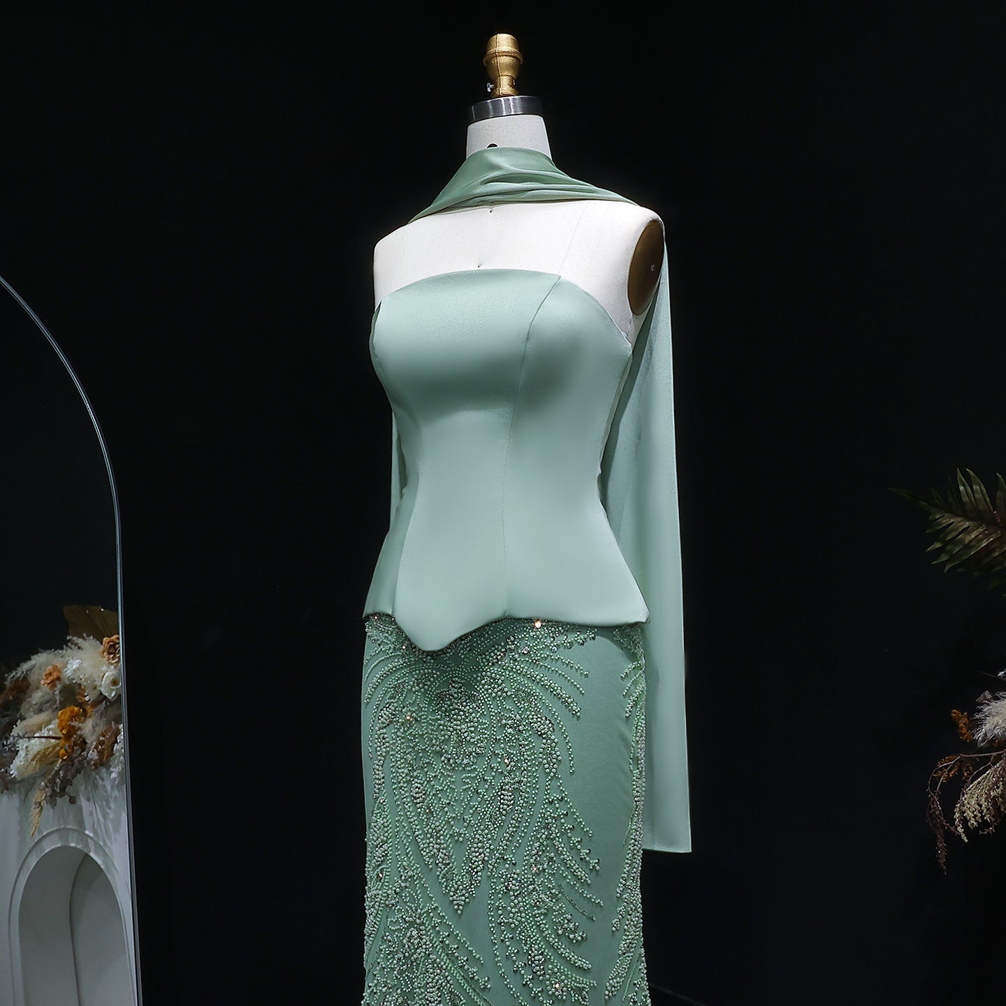 Luxury Sage Green 2 Pieces Beaded Evening Dress with Scarf Cap SS616