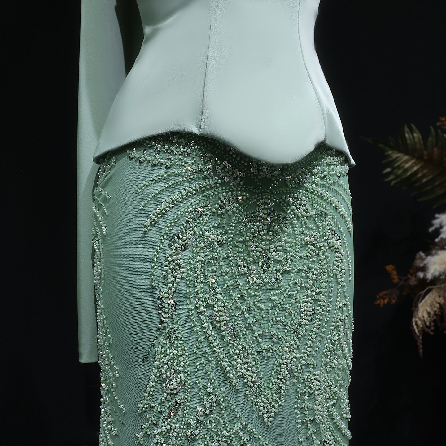 Luxury Sage Green 2 Pieces Beaded Evening Dress with Scarf Cap SS616