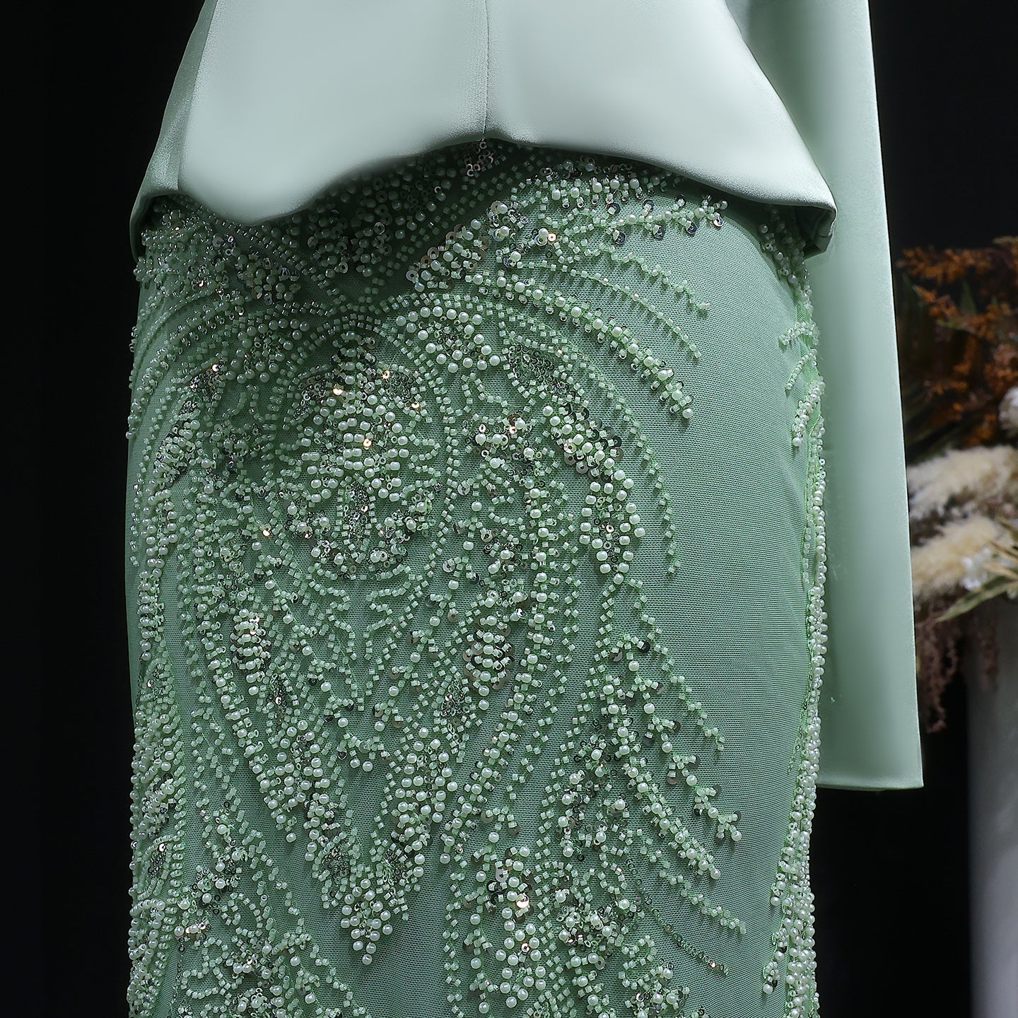 Luxury Sage Green 2 Pieces Beaded Evening Dress with Scarf Cap SS616