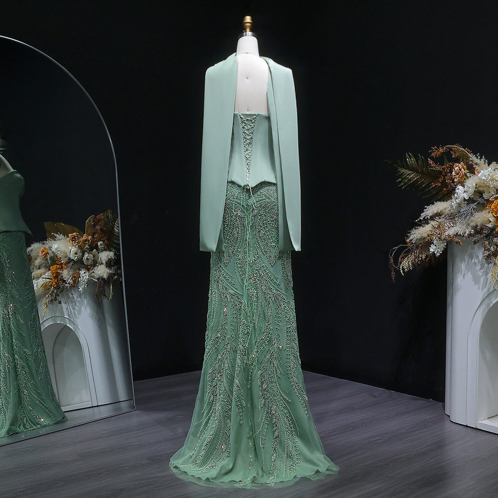 Luxury Sage Green 2 Pieces Beaded Evening Dress with Scarf Cap SS616