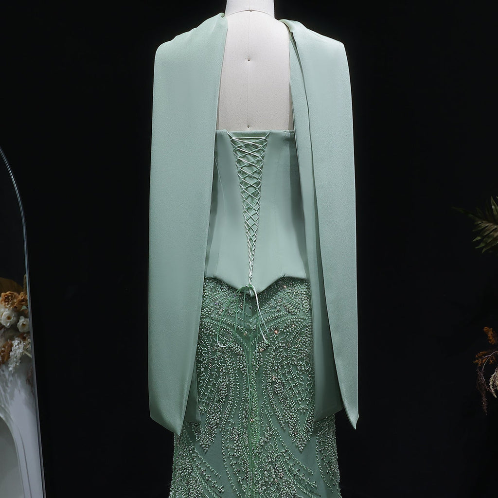 Luxury Sage Green 2 Pieces Beaded Evening Dress with Scarf Cap SS616