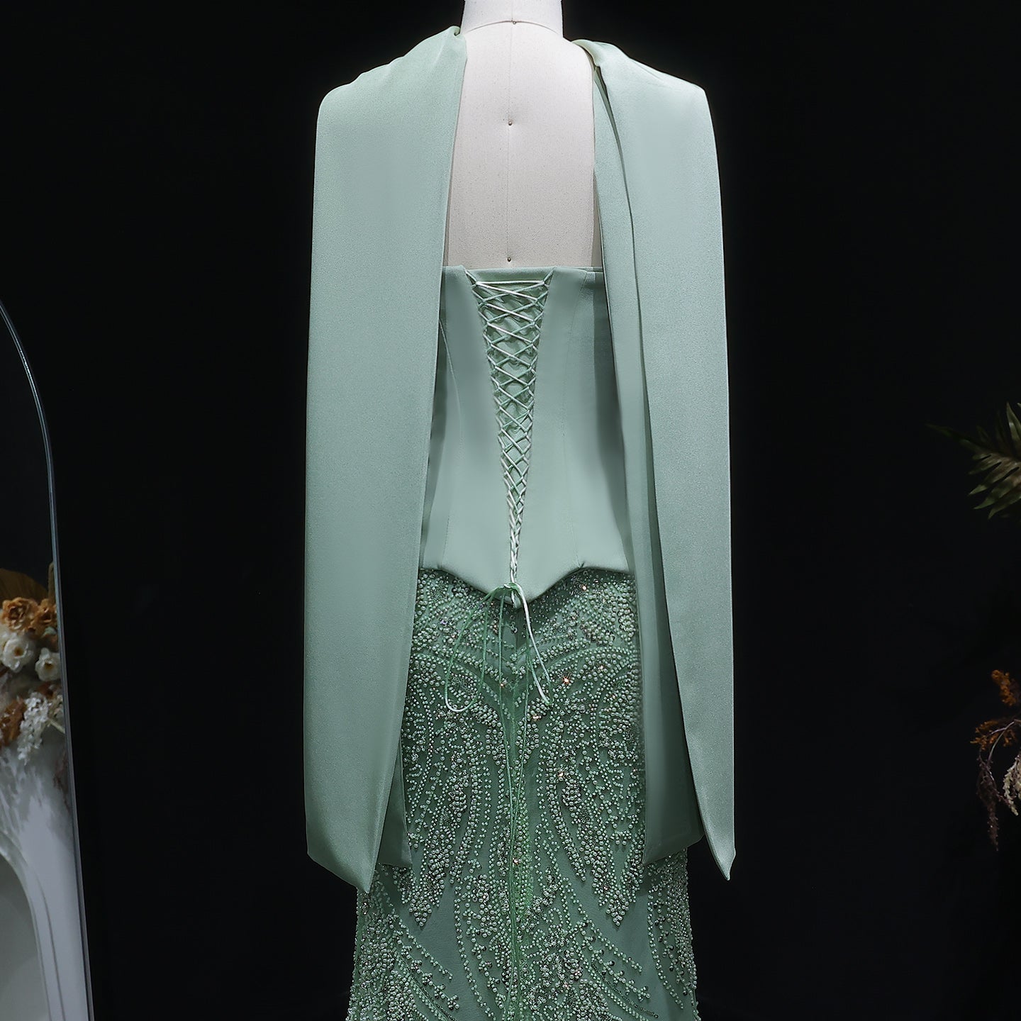 Luxury Sage Green 2 Pieces Beaded Evening Dress with Scarf Cap SS616