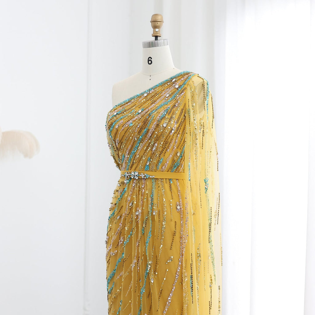Colorful Beaded One Shoulder Yellow Evening Dress with Cape SS423