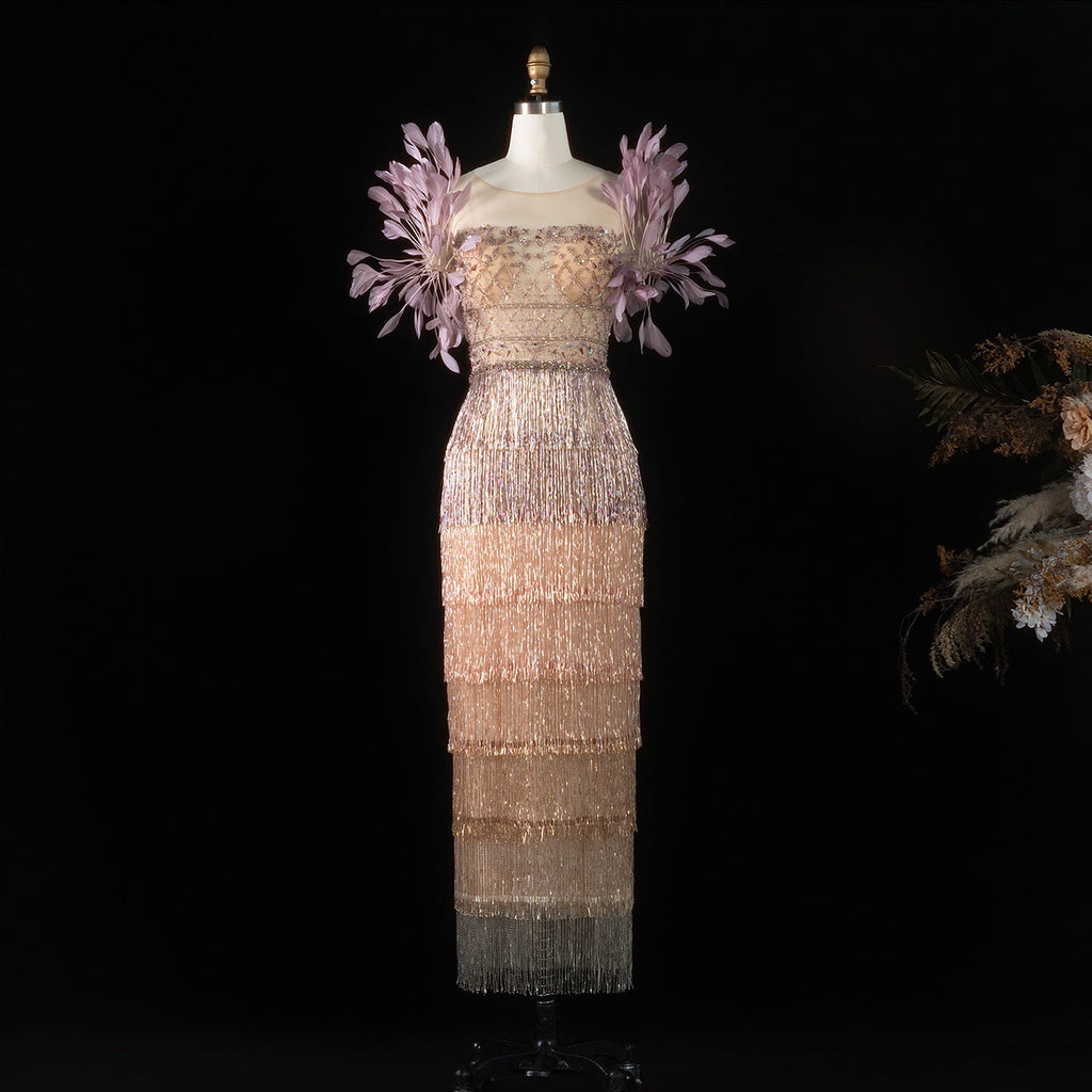 Luxury Feathers Lilac Ankle Length Tassel Evening Dress SS379