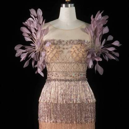 Luxury Feathers Tassel Lilac Evening Dress SS379