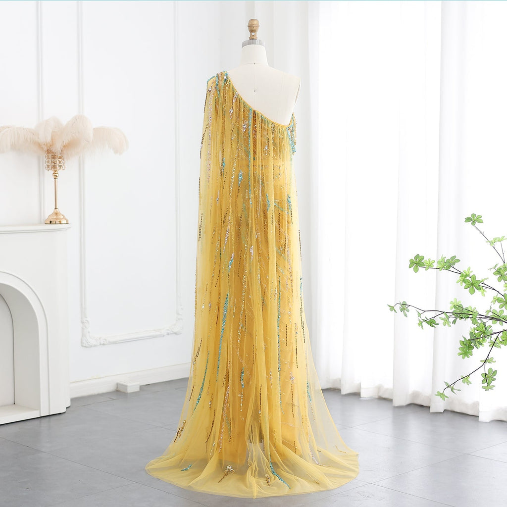 Colorful Beaded One Shoulder Yellow Evening Dress with Cape SS423