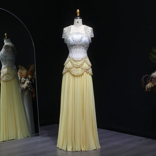 Luxury Pearls Tassel Blue and Yellow Evening Dress with Flowing Sleeves SS286