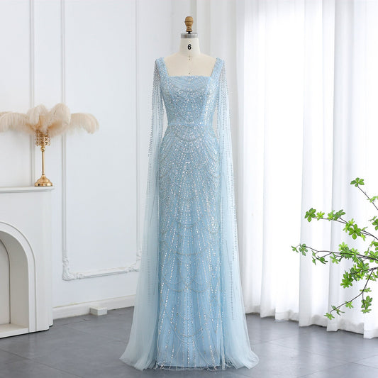 Luxury Beaded Blue Mermaid Evening Dress with Cape Sleeves SS690