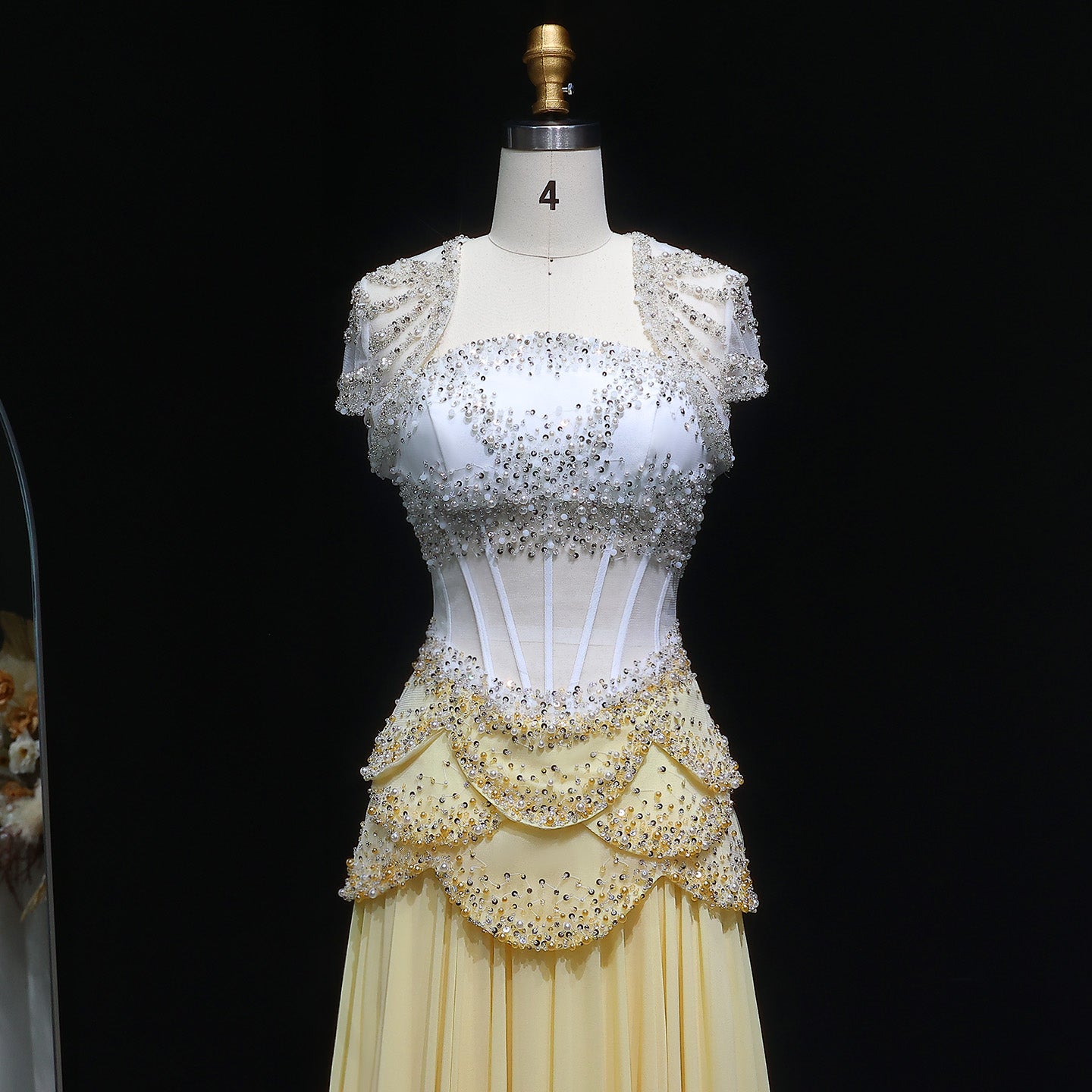 Luxury Pearls Tassel Blue and Yellow Evening Dress with Flowing Sleeves SS286
