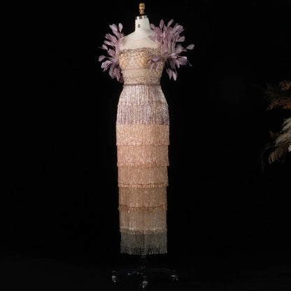 Luxury Feathers Tassel Lilac Evening Dress SS379