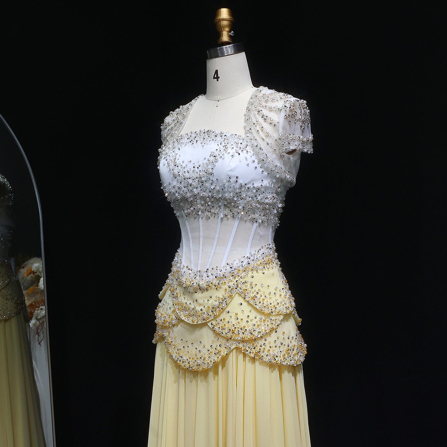 Luxury Pearls Tassel Blue and Yellow Evening Dress with Flowing Sleeves SS286
