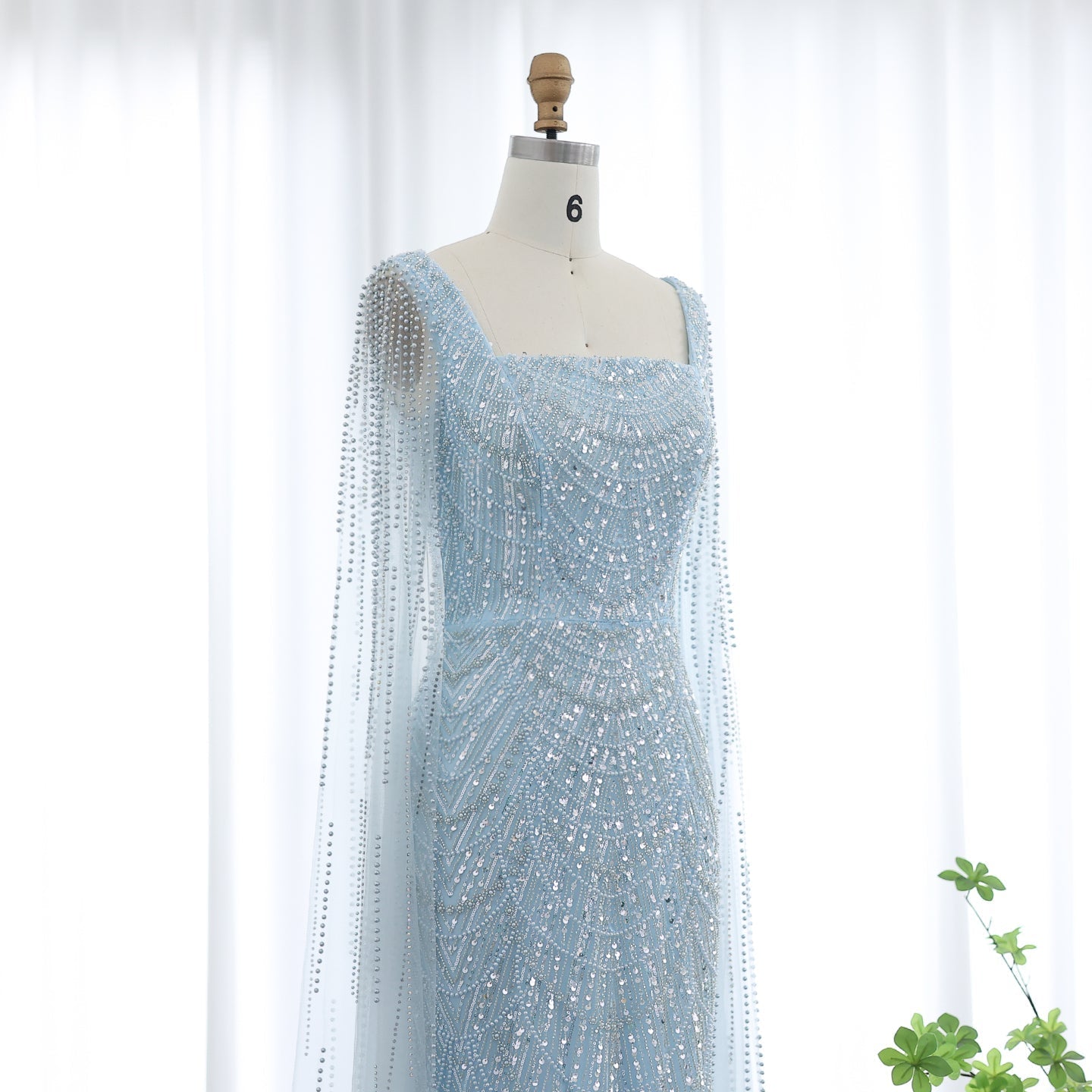 Luxury Beaded Blue Mermaid Evening Dress with Cape Sleeves SS690