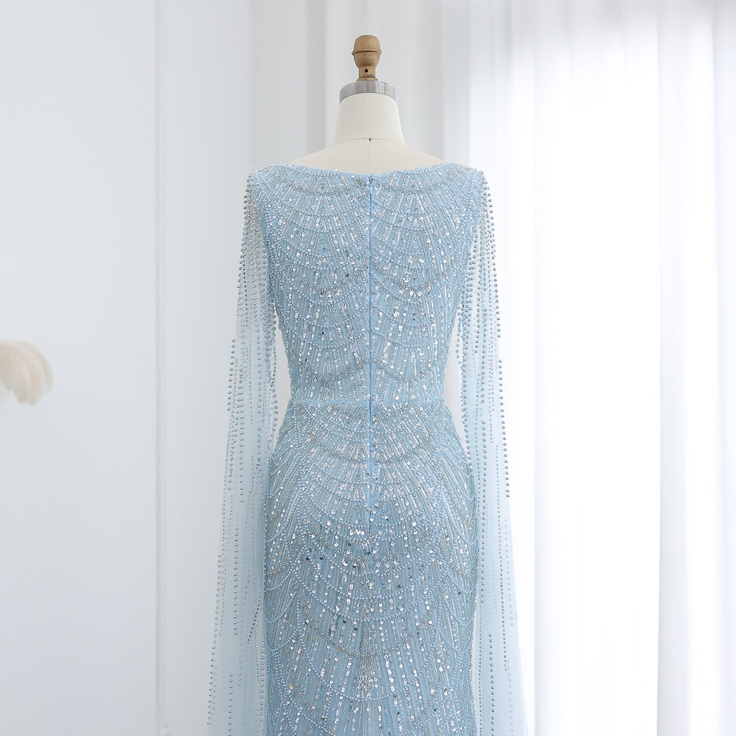 Luxury Beaded Blue Mermaid Evening Dress with Cape Sleeves SS690