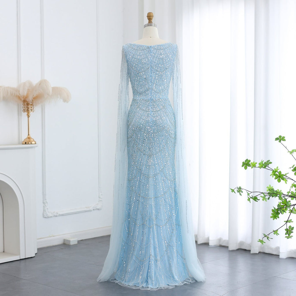 Luxury Beaded Blue Mermaid Evening Dress with Cape Sleeves SS690