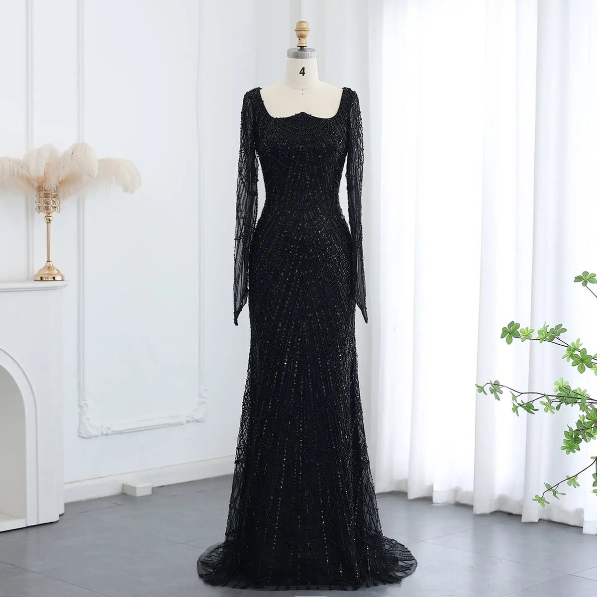 Luxury Beaded Champagne Long Sleeves Mermaid Evening Dress SS686