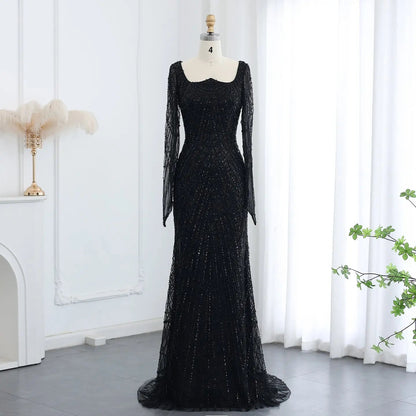 Luxury Beaded Champagne Long Sleeves Mermaid Evening Dress SS686