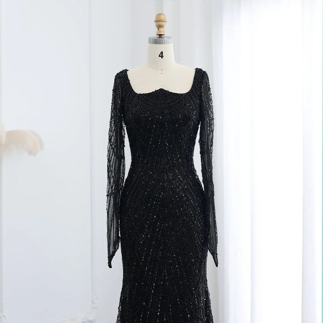Luxury Beaded Champagne Long Sleeves Mermaid Evening Dress SS686