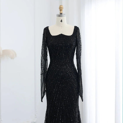Luxury Beaded Champagne Long Sleeves Mermaid Evening Dress SS686