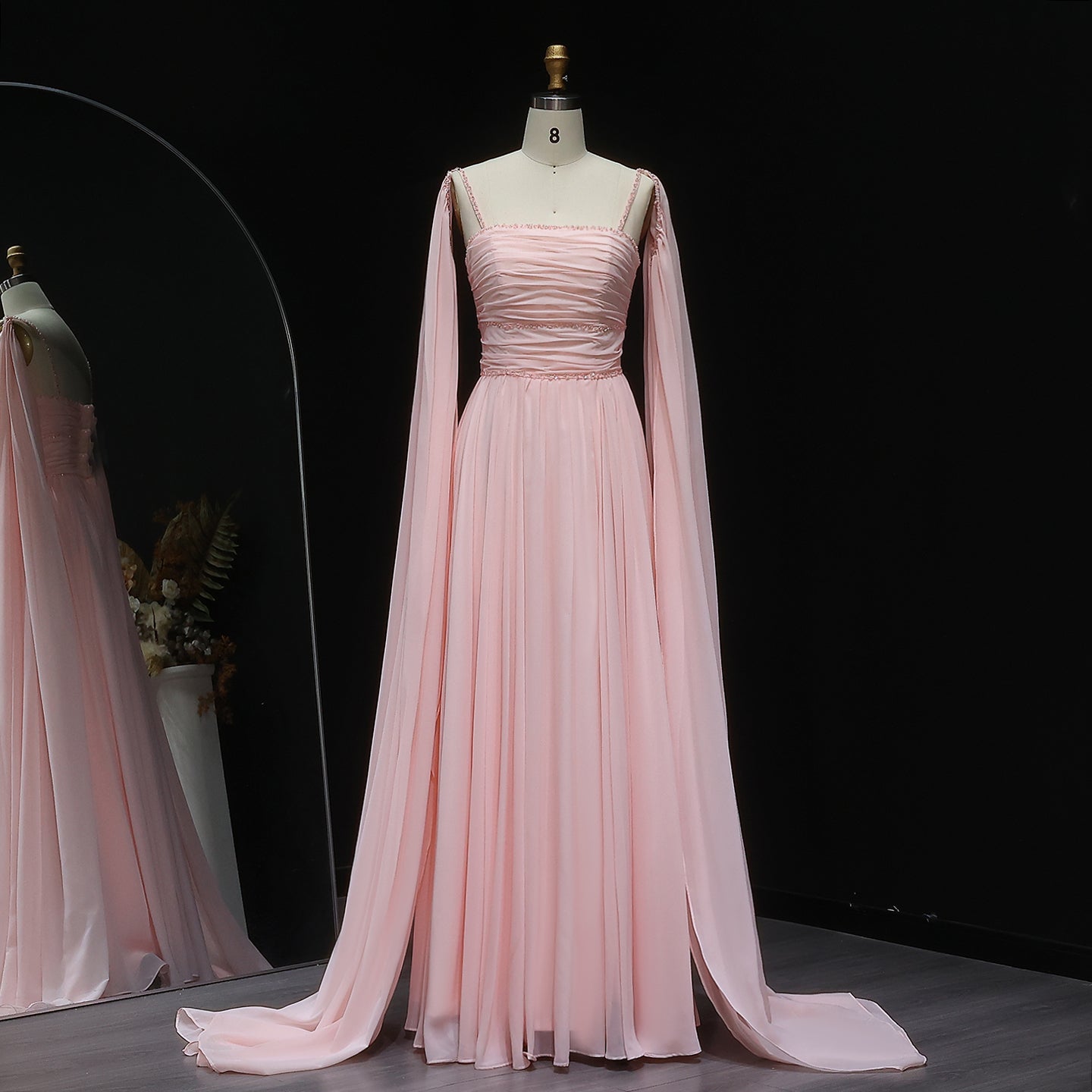 Luxury Beaded Pink A-Line Evening Dress with Cape Sleeves SF188