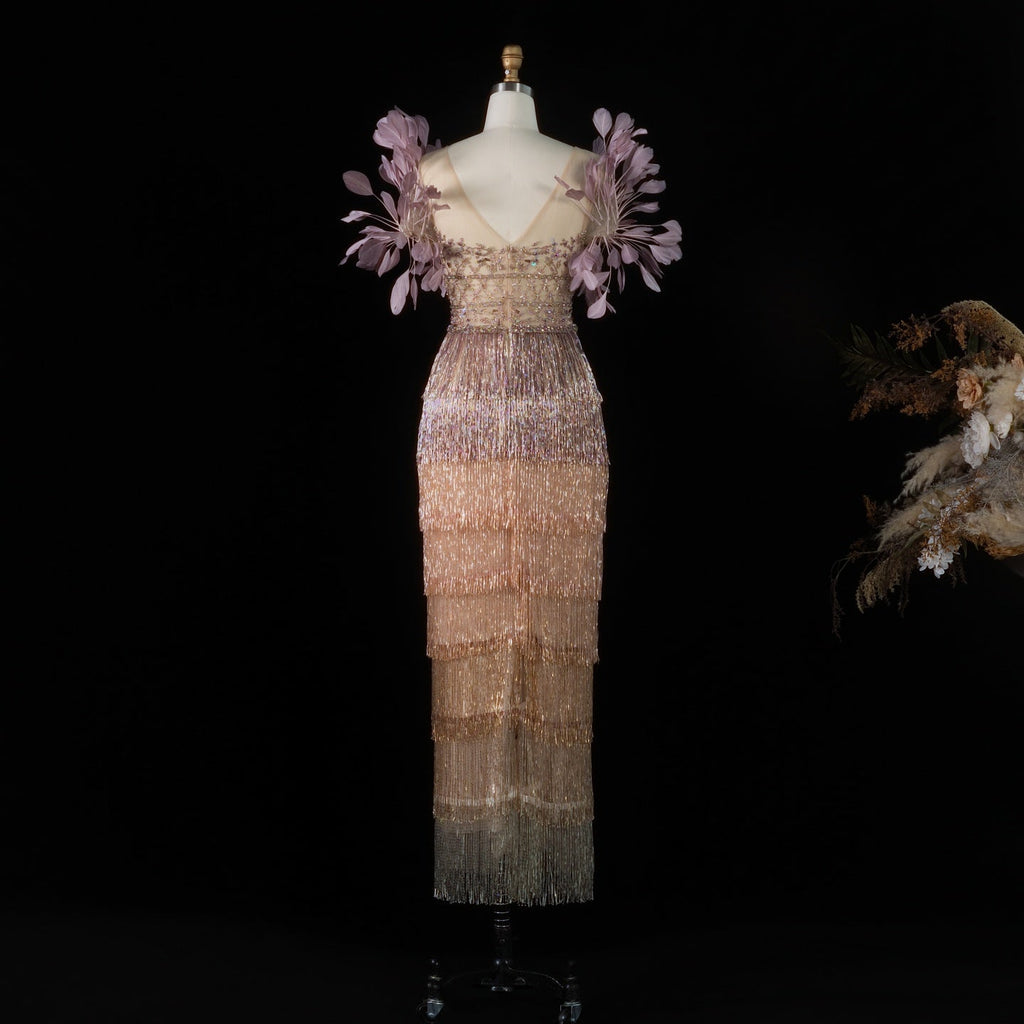 Luxury Feathers Lilac Ankle Length Tassel Evening Dress SS379