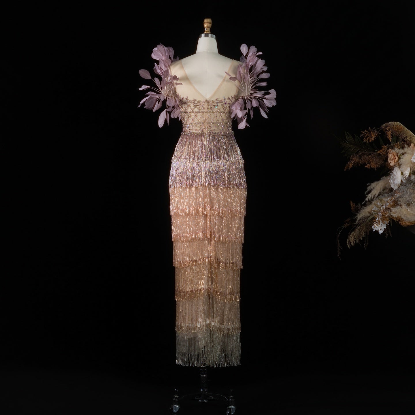Luxury Feathers Lilac Ankle Length Tassel Evening Dress SS379