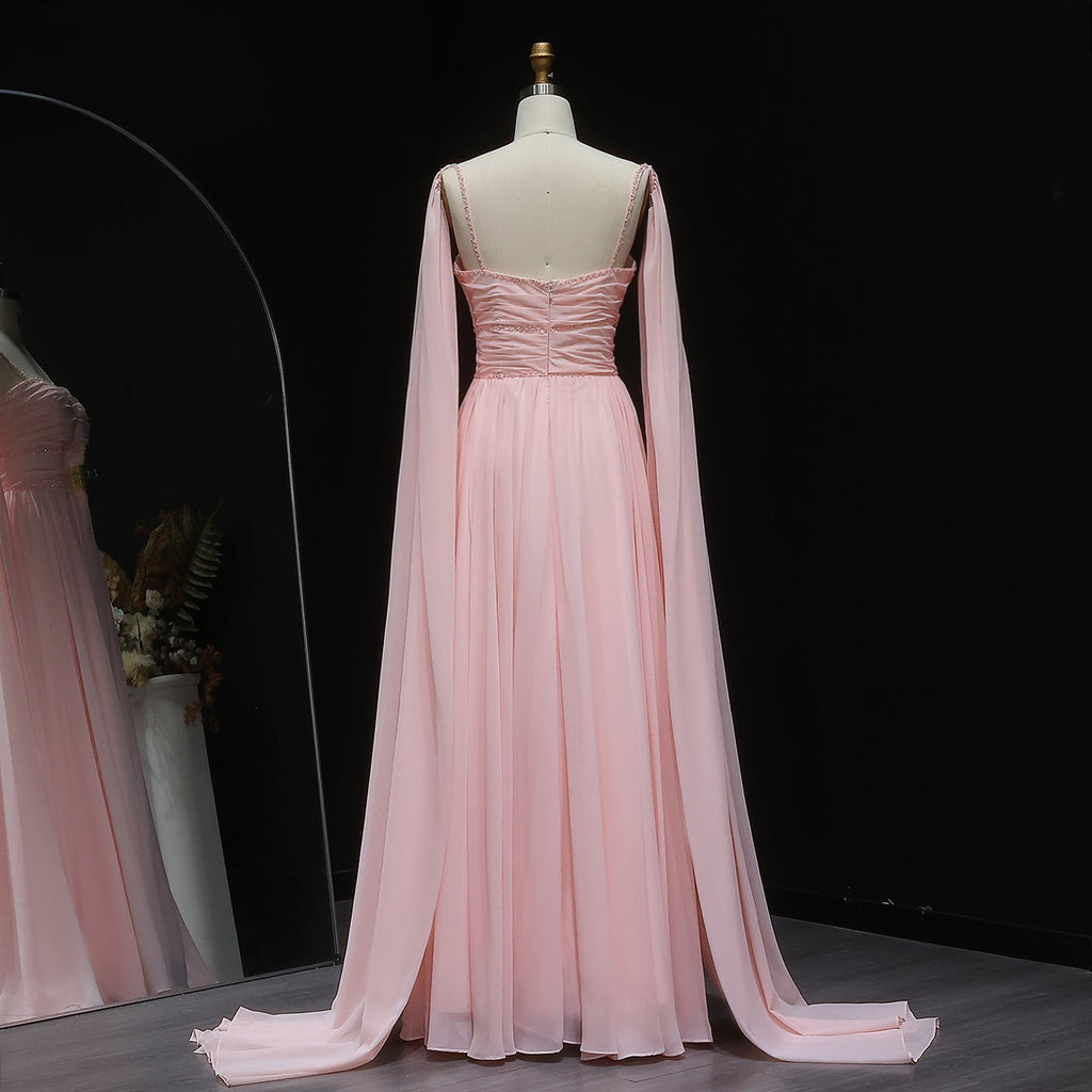 Luxury Beaded Pink A-Line Evening Dress with Cape Sleeves SF188