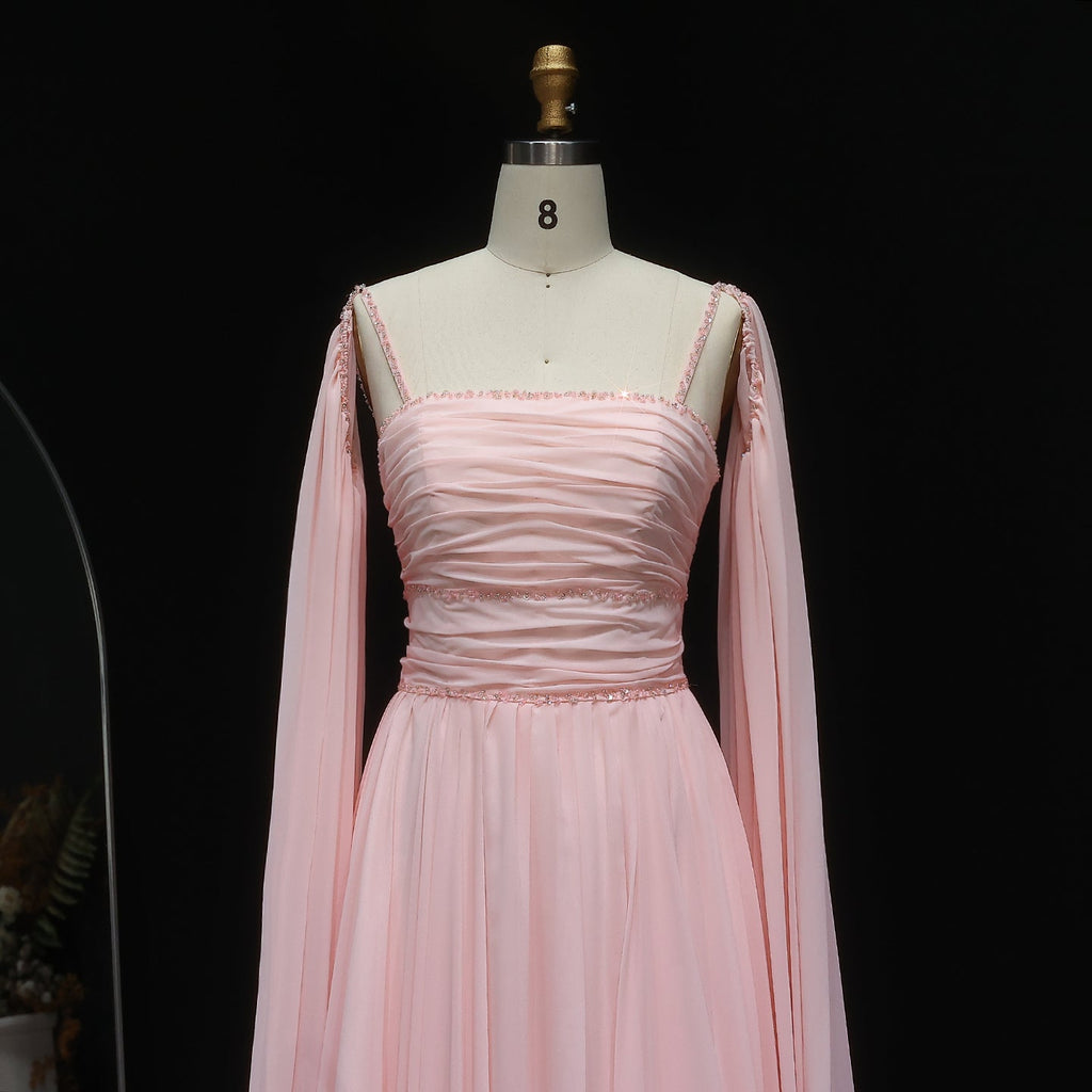 Luxury Beaded Pink A-Line Evening Dress with Cape Sleeves SF188