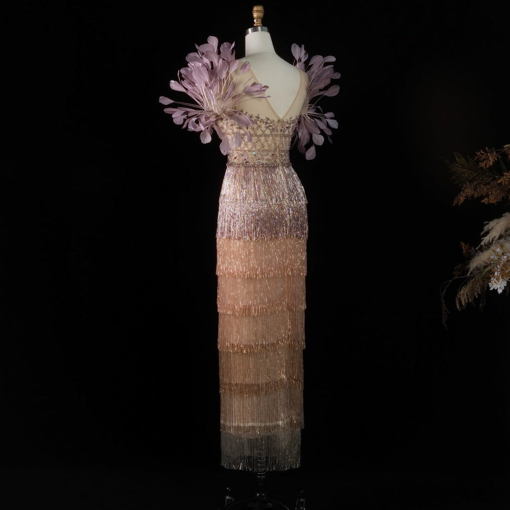 Luxury Feathers Lilac Ankle Length Tassel Evening Dress SS379