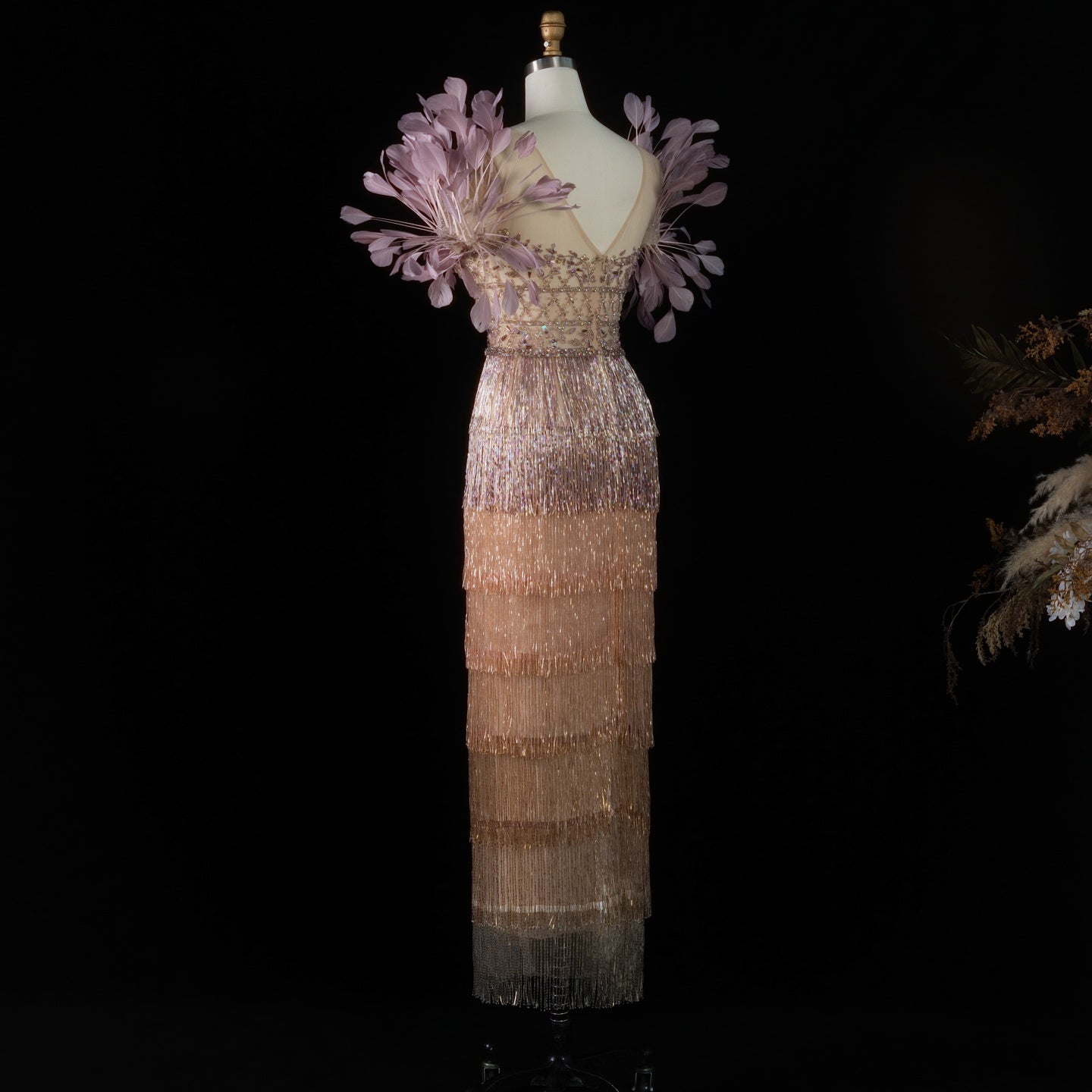 Luxury Feathers Lilac Ankle Length Tassel Evening Dress SS379