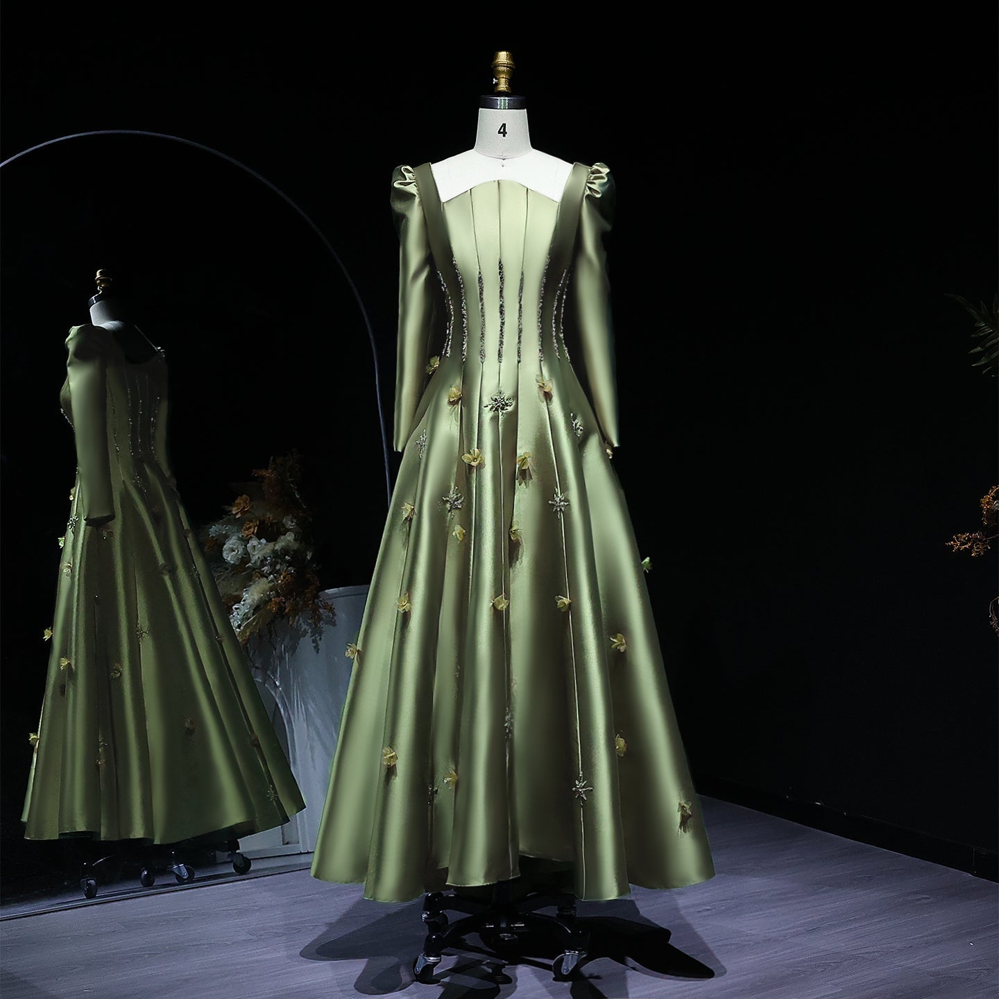 Elegant Green 3D Floral Beaded Off-Shoulder Evening Dress XD014