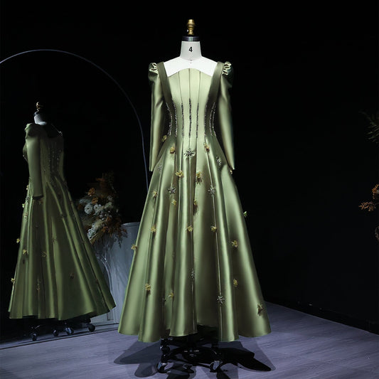 Elegant Green 3D Floral Beaded Off-Shoulder Evening Dress XD014