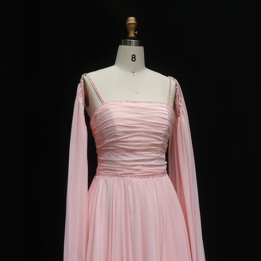 Luxury Beaded Pink A-Line Evening Dress with Cape Sleeves SF188