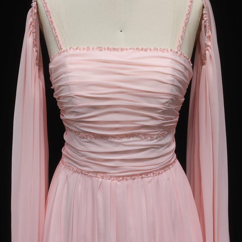 Luxury Beaded Pink A-Line Evening Dress with Cape Sleeves SF188