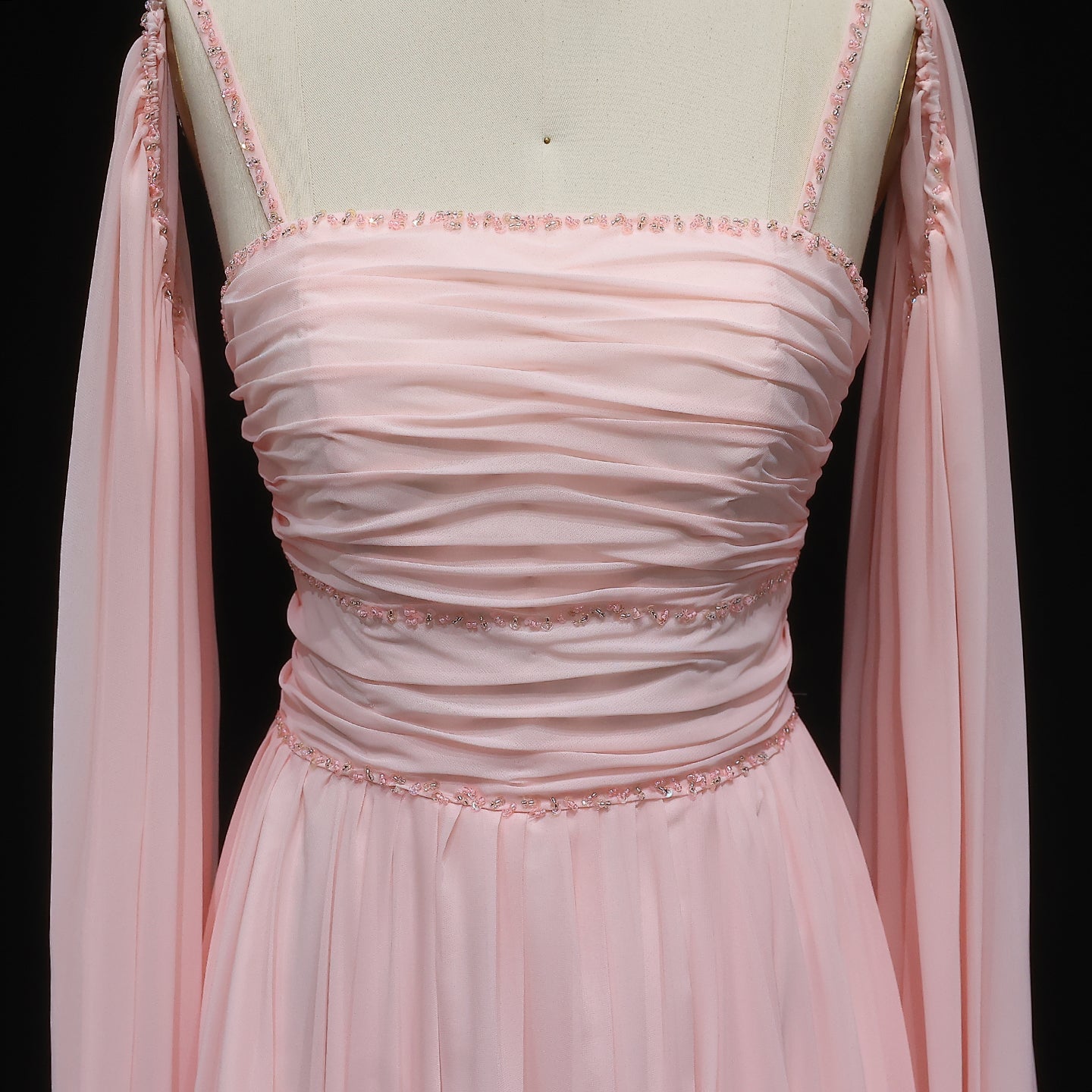 Luxury Beaded Pink A-Line Evening Dress with Cape Sleeves SF188