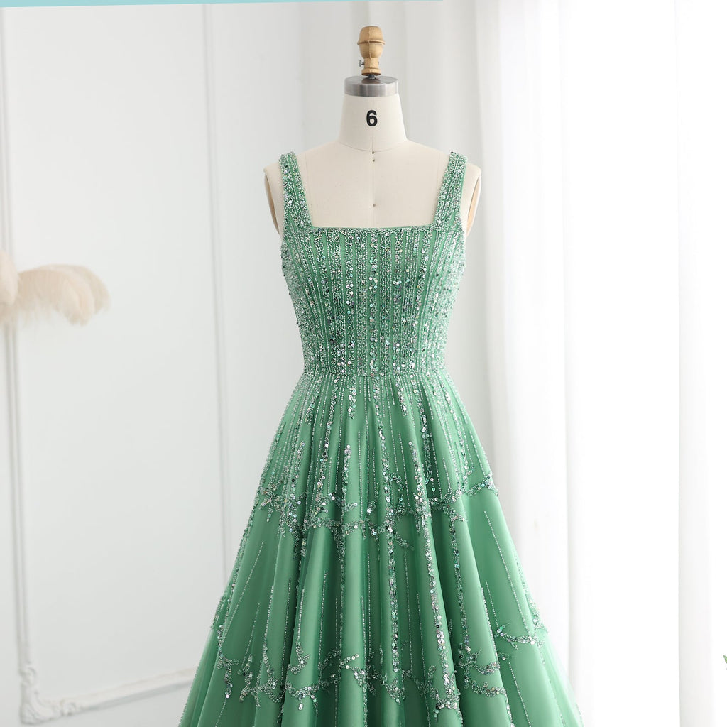 Luxury Beaded Spaghetti Straps Green Evening Dresses with Sequin SS225