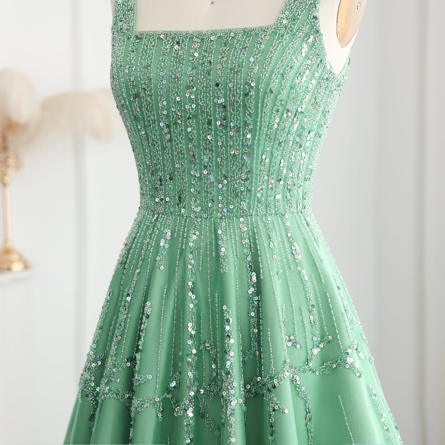 Luxury Beaded Spaghetti Straps Green Evening Dresses with Sequin SS225
