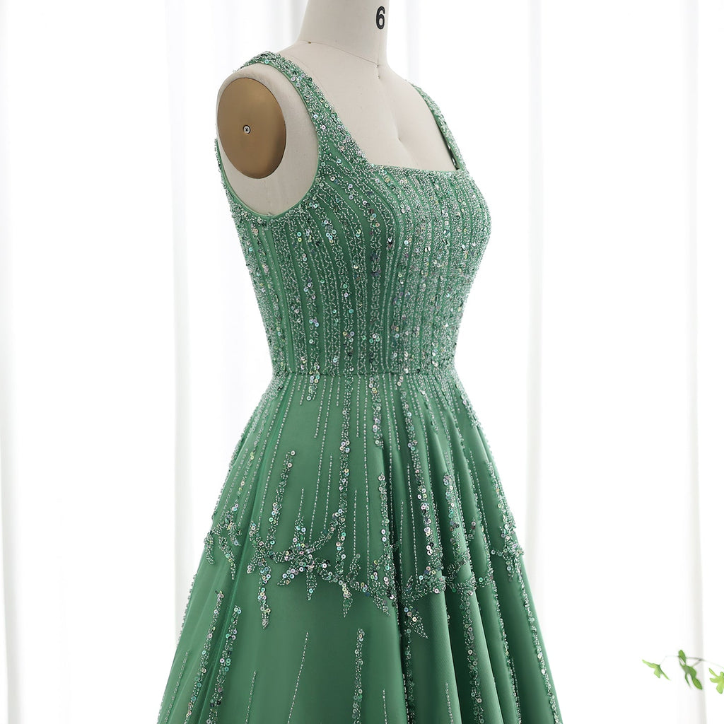 Luxury Beaded Spaghetti Straps Green Evening Dresses with Sequin SS225