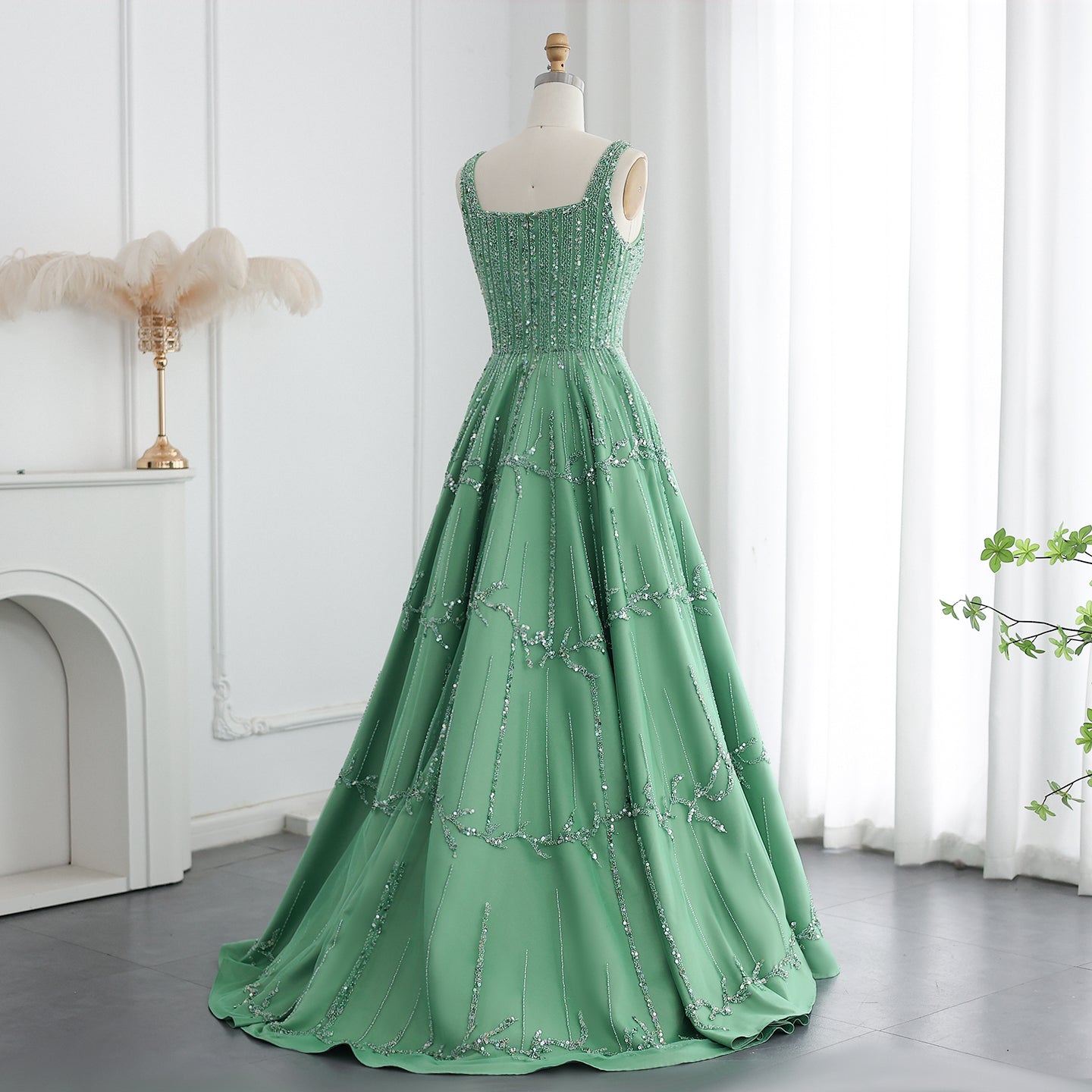 Luxury Beaded Spaghetti Straps Green Evening Dresses with Sequin SS225