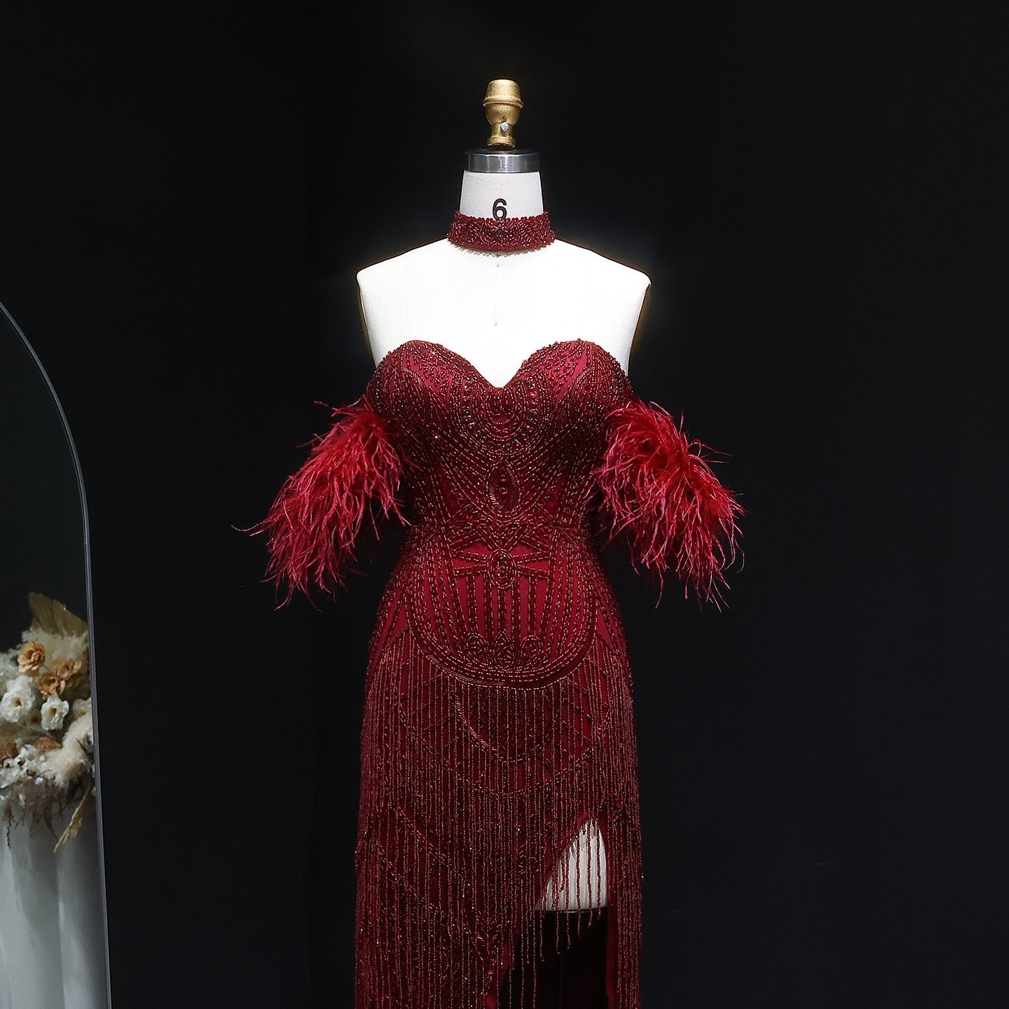 Luxury Tassel Feather Silver Nude Mermaid Evening Dress with Slit SS187