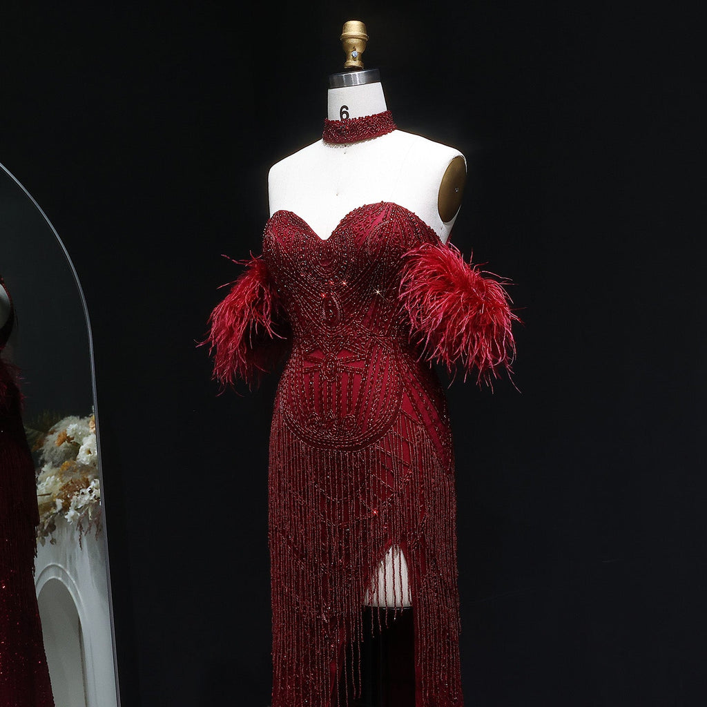Luxury Tassel Feather Silver Nude Mermaid Evening Dress with Slit SS187