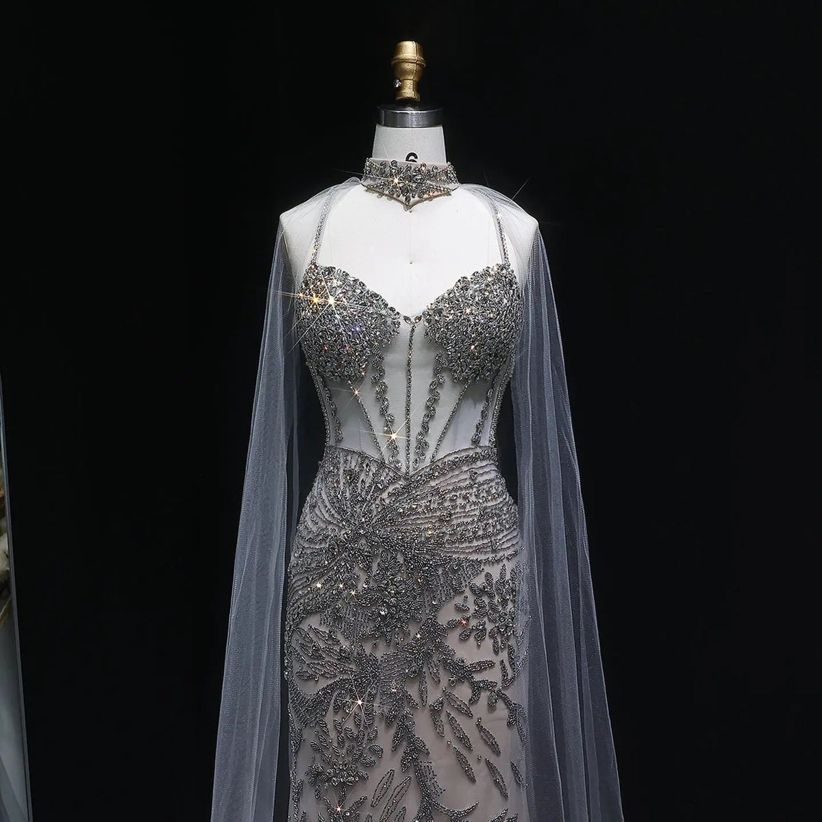 Luxury Champagne Beaded Evening Dress with Cape SS071