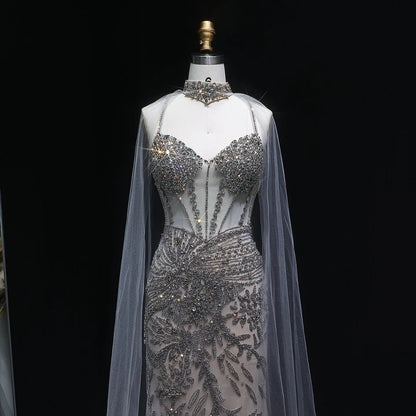 Luxury Champagne Beaded Evening Dress with Cape SS071