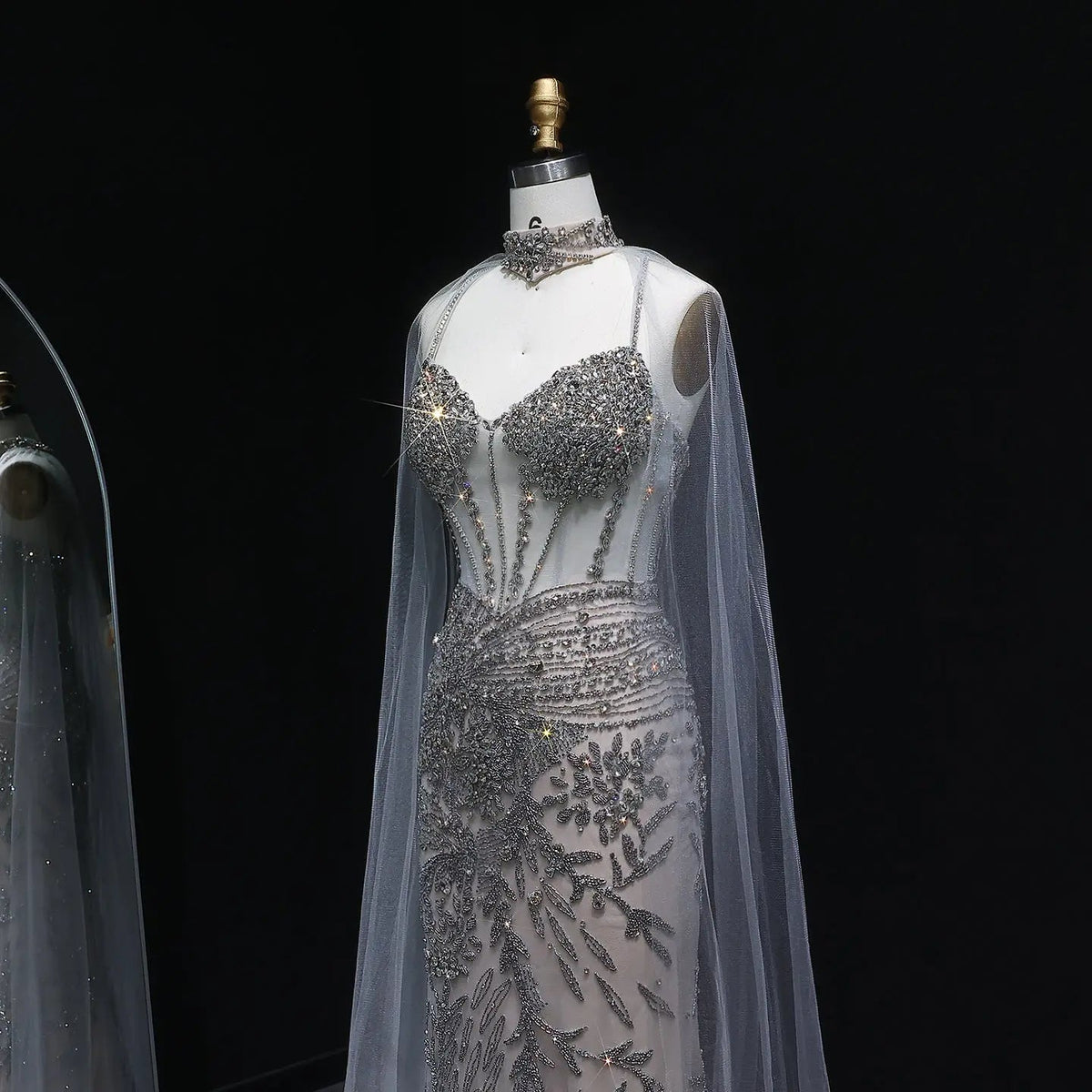 Luxury Champagne Beaded Evening Dress with Cape SS071