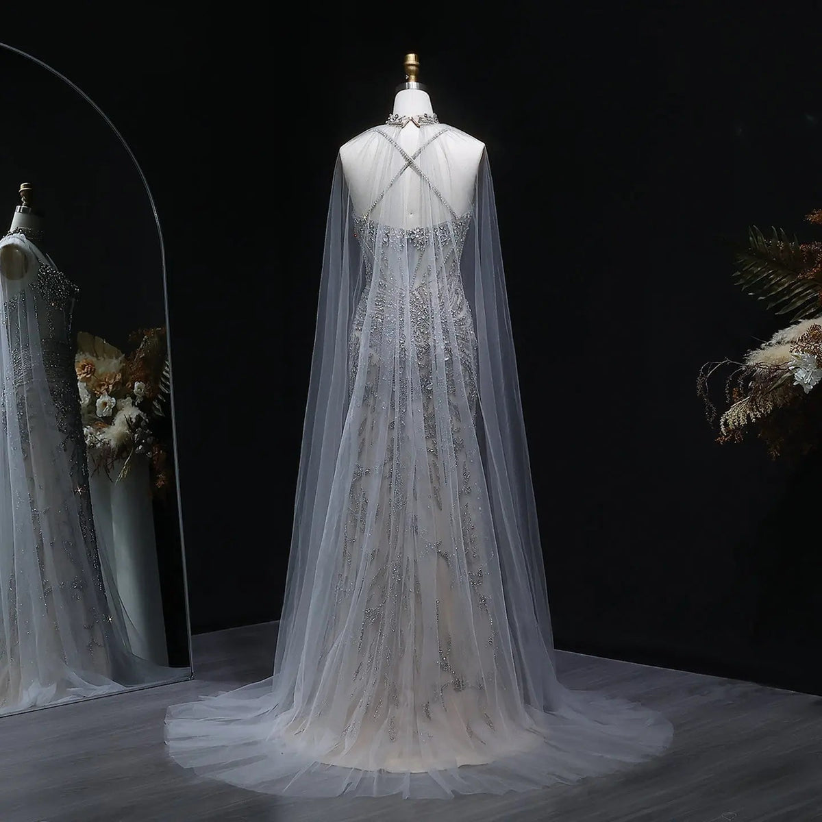 Luxury Champagne Beaded Evening Dress with Cape SS071