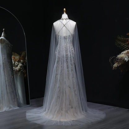 Luxury Champagne Beaded Evening Dress with Cape SS071